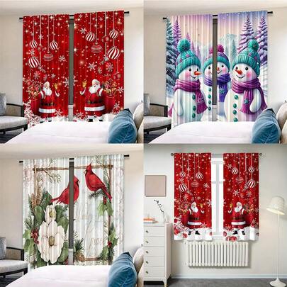 ستارتان مطبوعتان رقميًا عالية الدقة ذات موضوع عيد الميلاد، مصنوعة من البوليستر. شبه شفافة لحماية الخصوصية، مقاومة للبهتان، قابلة للغسل يدويًا/آليًا، مع جيب للعصا، مناسبة لديكور غرفة النوم وغرفة المعيشة، ديكور المنزل، زينة عيد الميلاد