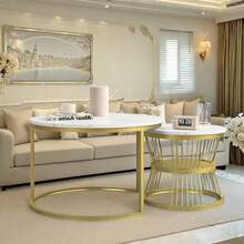 Juego de 2 mesas de centro nido, diseño de mármol, aglomerado, estructura de metal, mesa auxiliar para balcón, mesa de salón, redonda, dorada