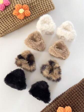 2pcs/8pcs Autumn/Winter Cute Fluffy Black, Camel, Leopard Print Cat Ear Triangle Plush Hair Clips, Bangs Hair Accessories, Suitable For Daily Wear, Elegant Bohemian Style Fashion Claw Clips