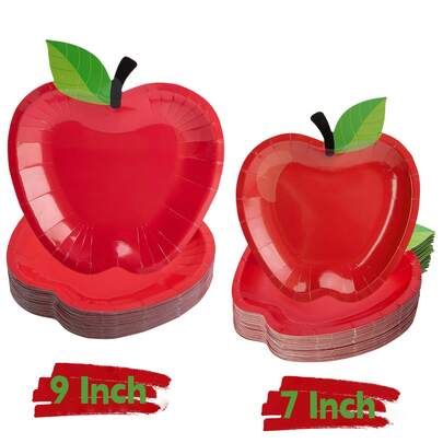20/50 piezas Platos de papel con forma de manzana mediana y grande, platos para fiesta de Navidad, platos de papel para vuelta al colegio, platos de fiesta de manzana roja, vajilla desechable para fiestas del primer día de clases, suministros de fiesta de graduación, decoraciones de fiesta de Navidad, 7 pulgadas + 9 pulgadas
