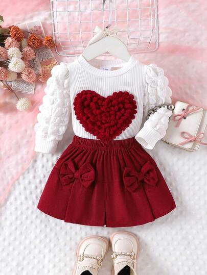2pcs Baby Girls' Elegant Heart Puff Sleeve Top + Skirt Set, Collegiate Style, Lightweight For Autumn/Winter