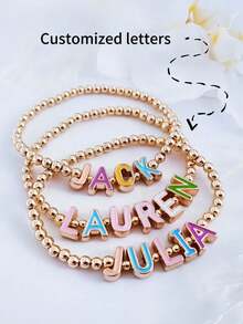 1pc Customized Vintage Letter Text Name & Blessing Ceramic Beads Stacked Bracelet Set, Suitable As Valentine's Gift For Women, Comes In Gift Box With Blue & White Ceramic Letter Disc Beaded Elastic Bracelet, Retro Fashion High-End Accessory