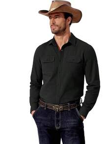 Mens Western Cowboy Shirt Long Sleeve Cotton Button Down Work Shirts With Pockets - Black - View 2
