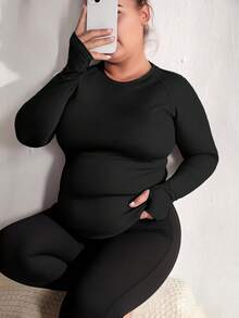 加大码女式柔软拇指孔圆领黑色长袖T恤，休闲户外骑行跑步紧身套头衫，秋冬春季 - 黑色 - 查看 6