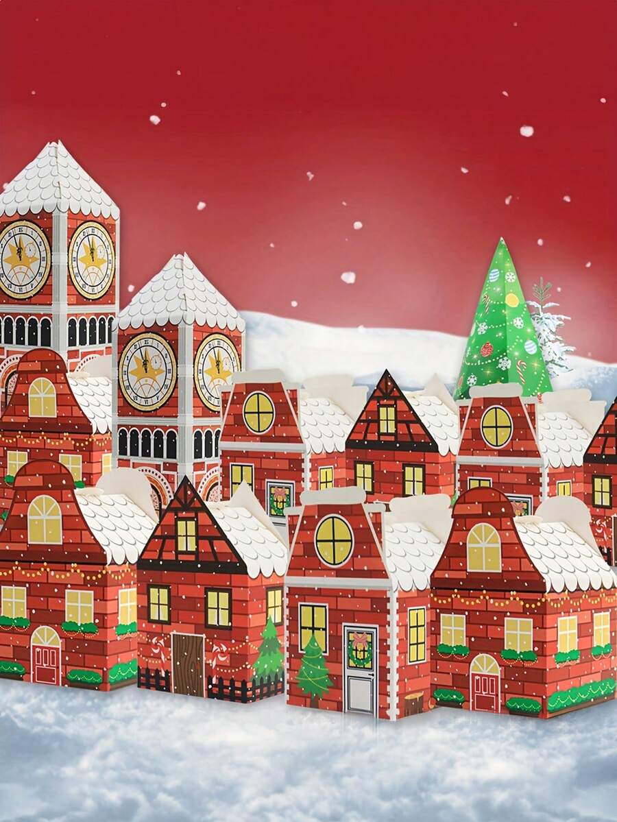 24 Stücke Weihnachts-Adventskalender Boxen - Rotes & weißes Lebkuchenhaus Design mit goldenen Uhren, Winterdorf Szene, perfekt für Feiertagspartys als Gastgeschenke & Geschenkverpackung, Weihnachtsdekoration