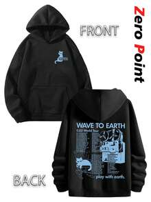 Y2K Waves To The Earth Blue Cat Pattern Double-Sided Printed Hooded Sweatshirt (250g Hooded Sweatshirt) Retro Casual Versatile Fashionable Men's Hooded Sweatshirt, Men's Casual Hooded Street Wear Long-Sleeved Pullover, Street Style Neutral Round Neck Autumn And Winter Series - 黑色 - 查看 1