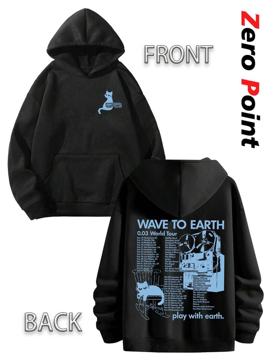 Y2K Waves To The Earth Blue Cat Pattern Double-Sided Printed Hooded Sweatshirt (250g Hooded Sweatshirt) Retro Casual Versatile Fashionable Men's Hooded Sweatshirt, Men's Casual Hooded Street Wear Long-Sleeved Pullover, Street Style Neutral Round Neck Autumn And Winter Series - 黑色 - 查看 1