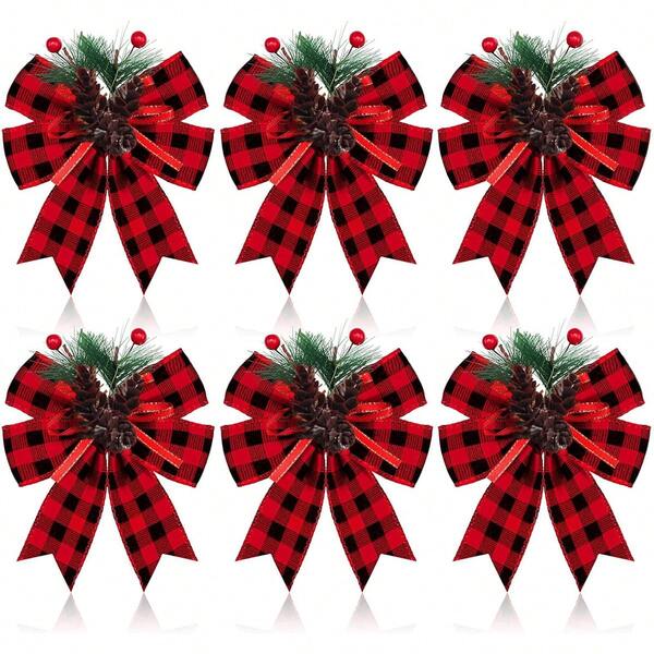 6 Pcs Christmas Bows Buffalo Plaid Bow Checkered Ribbon Bow With Pine Cone Christmas Tree Decoration Bows For Christmas Parties Christmas Trees Indoor Crafts
