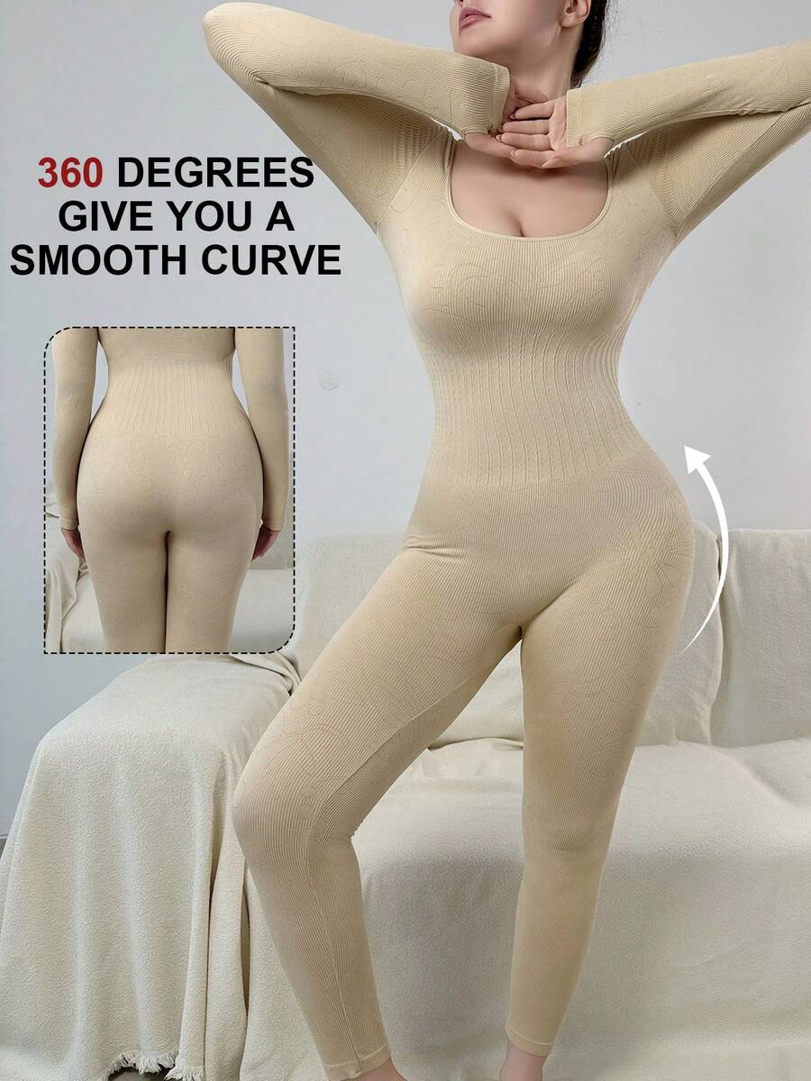 Women's Long Full-Body Shaping Jumpsuit For Women Sports And Yoga, Enhances Natural Curves, Ribbed Texture, Solid - Apricot - View 1