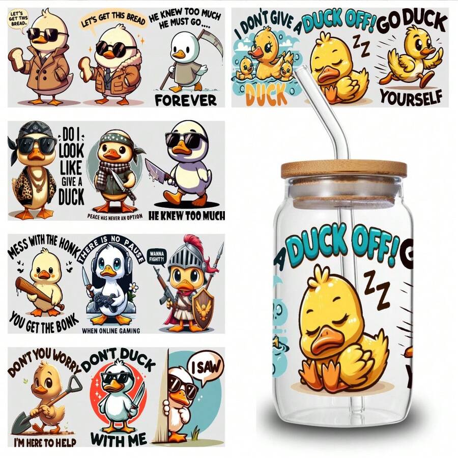 5 Sheets Duck Off UV DTF Stickers Suitable For 16 Oz Glass Cups Decoration Mug Decoration Gift Waterproof Rub On Transfers DIY Water Bottle Glass - 樣式1-5表 - 查看 1