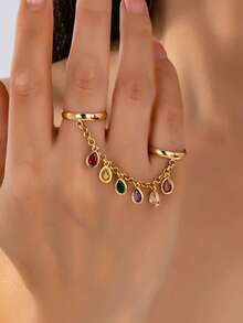 1pc Fashion Copper Zirconia Stone Linked Finger Ring With Dangling Rhinestone Chain, Women's Jewelry For Wedding, Party, Wedding Season Gift