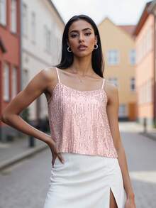 Women Y2k Sequin Sparkly Cami Top Sleeveless Backless Flowy Glitter Crop Tank Top Summer Going Out Tops Streetwear Light - Pink - View 3