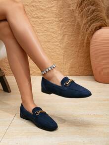 秋冬女士优雅海军蓝绒面鹿装饰金属扣平底方头乐福鞋，纯色学院风，室内家居服 - 寶藍色 - 查看 3