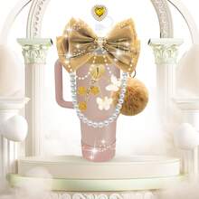 QY Bling Cup Accessories For 40/30/20 Oz Tumbler With Handle Including Glitter Bow Straw Topper, Heart Straw Cover, Pearl Water Bottle Handle Strap, Boot, Pom-Pom, Keychain Charms(Gold Brown) 2216 - 金棕色 - 查看 6