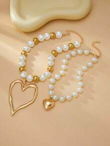 2pcs Bohemian Style Exaggerated Large Beaded Heart Pendant Necklace, Luxury Fashion Women's Holiday Party Versatile Heart Pendant Choker - Gold + White - View 2