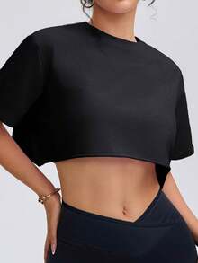 女士柔软短款T恤，针织圆领套头衫，舒适瑜伽健身宽松户外运动上衣，春夏款 - 黑色 - 查看 4