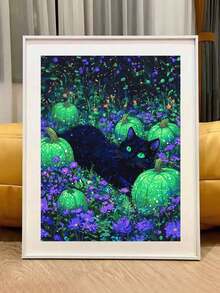 Kit de peinture de diamant 5D, chat noir et fleurs. Broderie de diamant 5D ronde complète pour adultes débutants. Mosaïque de cristal artisanale. Convient pour la décoration murale de la maison. Cadeau de Thanksgiving et de Noël pour la famille et les amis