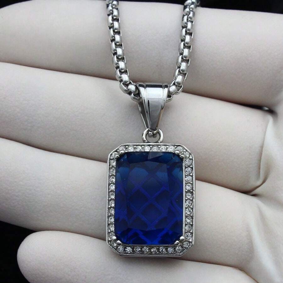18-36"MEN Stainless Steel 3mm Silver/Gold Plated Box Chain Rhinestone Pendant - Silver+Blue Gemstone - View 1