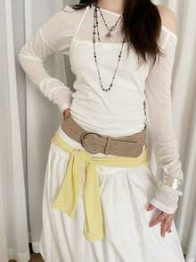 1pc Khaki PU D-Ring Buckle Suede Vintage Versatile Wide Waist Belt - Khaki - View 5