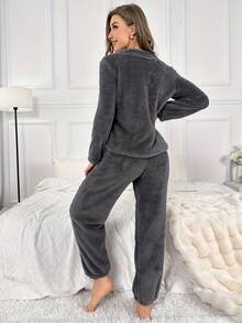 Women's Autumn And Winter New Thermal Lined Flannel Fluffy Pajamas Set, Casual Gray Round Neck Long Sleeve &Trousers, Can Be Worn Outside Home Clothes Set, Cozy - Dark Grey - View 2