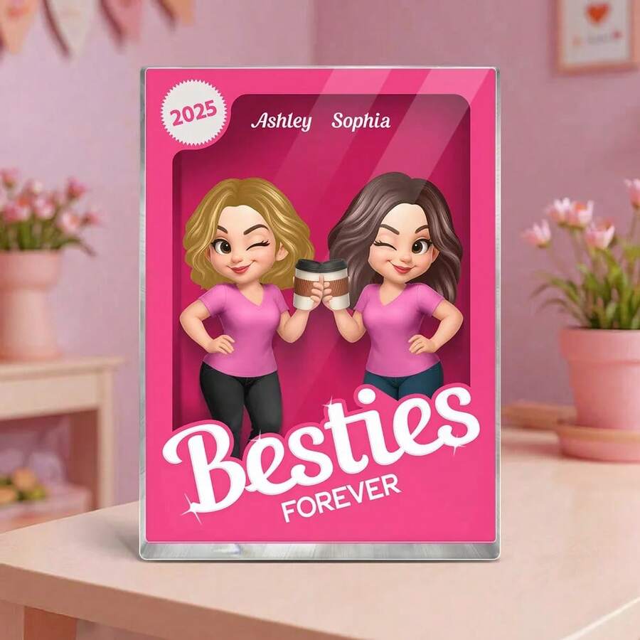 Besties Forever Pink Action Figure 3D Effect Personalized Acrylic Block, Meaningful Gift For Best Friend,Office Decor,Elegant Living - Friend Card Brick - View 1