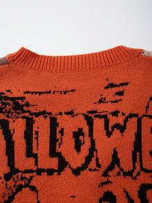 Men's Casual Loose Minimalist Halloween Themed Cartoon & Letter Print V-Neck Button-Up Long Sleeve Cardigan Sweater, Autumn/Winter