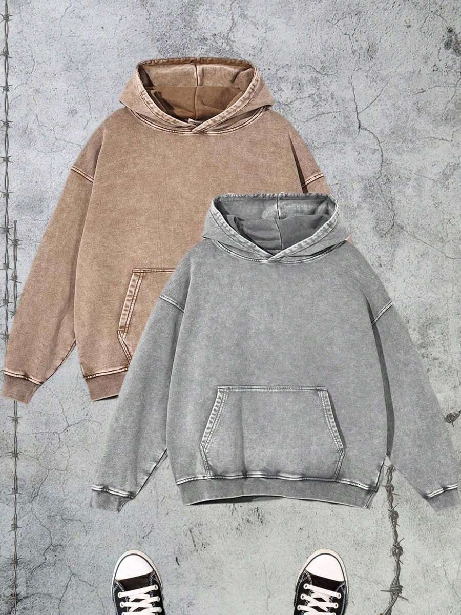 2-Piece Set  400g Heavyweight Fabric Men's Solid Color Drop Shoulder Long Sleeve Drawstring Pocket Casual Hoodie, Autumn/Winter,Back To School  Street Life  Vintage Washed Oversized Hoodie Sweatshirt (With Reinforced Neckline, Hemline And Shoulder Seams To Prevent Deformation) Discounted Basic Model Polyester Cotton - 咖色+灰色 - 查看 1