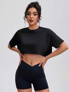 女士柔软短款T恤，针织圆领套头衫，舒适瑜伽健身宽松户外运动上衣，春夏款 - 黑色 - 查看 1