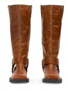 Luxury Brown Mid Calf Boots For Women Square Toe Wide Calf Chunky Heel Boots Comfort Low Heel Slip On Mid Calf Boots Women - màu nâu - Xem 4