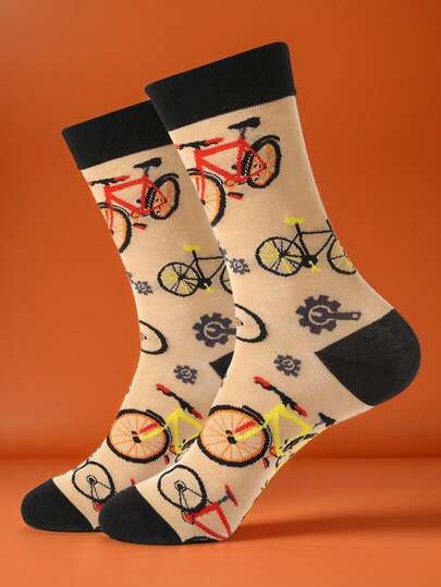 1 Pair Men's Creative Bicycle Pattern Mid-Calf Socks, Fashion Unisex Design, Personalized, Suitable For Daily Wear, Comfortable Stretchy, Soft And Elastic, Essential For Autumn/Winter, Great For Gifts, Daily Wear, Family Sports, Office Wear, All Seasons, Suitable For Various Festivals, Couples, Perfect Choice For Men