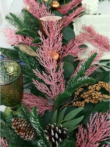 12 pièces Tiges de cèdre rose pailleté de Noël, pics floraux de Noël en branches de cèdre artificielles roses. Pour ornements d'arbre de Noël, remplissage, couronnes de Noël DIY, artisanat, guirlandes, fêtes, mariages et décoration de la maison