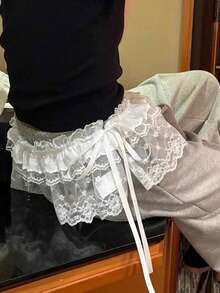 1 件高腰蕾丝吊带短裤裙，蕾丝下摆松紧腰端庄裙 - 彩色 - 查看 1