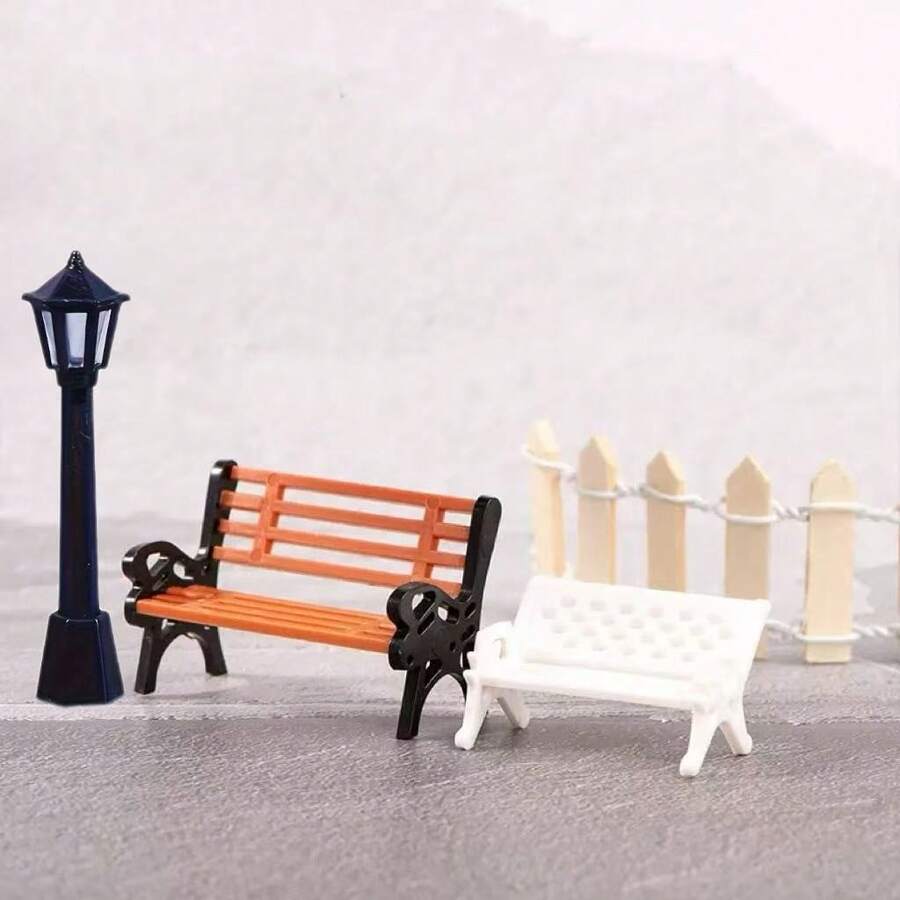 Banco de Parque em Miniatura e Lampião de Rua de 2,8 Polegadas, Conjunto de Cadeiras de Banco em Miniatura para Jardim de Fadas, DIY Artesanato, Ornamento de Casa de Bonecas Adequado para Decoração da Casa de Bonecas para Eventos de Festa de Natal