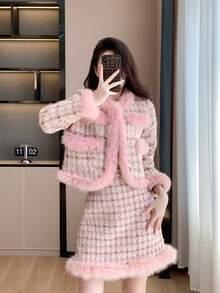 RUIWY 2 件套女士优雅格子夹克和加厚保暖裙子冬装，秋季 - 粉色 - 查看 9