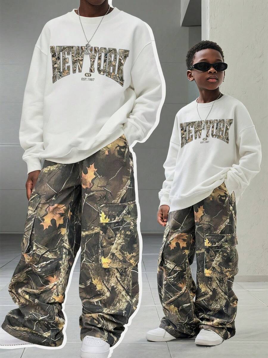 Tween Boy Letter Graphic Print Warm Crew Neck Sweatshirt And Woven Long Pants Set - White - View 1
