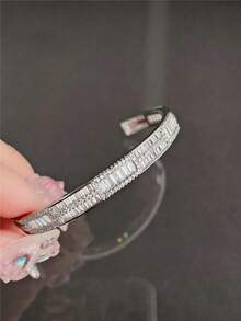 1pc 925 Sterling Silver Plated Inlaid Rhinestone Luxury Bracelet, For Dating Anniversary