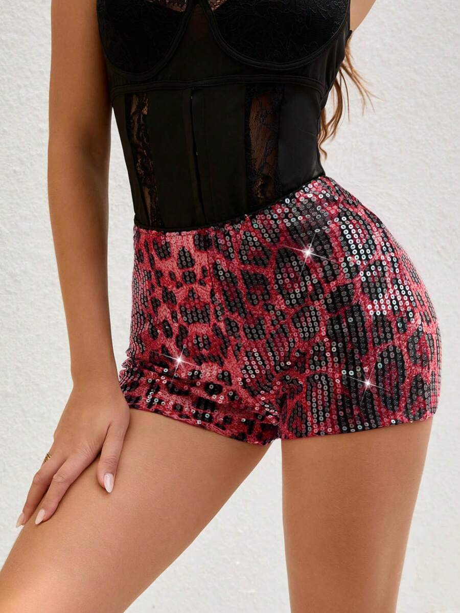 Pantalones cortos brillantes con estampado de leopardo y adornos de lentejuelas, estilo vintage Y2K, apropiados para festivales rave y fiestas