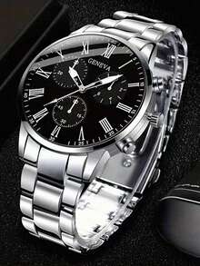 4pcs Men's Silver Strap Casual Business Retro Three Eyed Roman Scale Dial Quartz Watch Bracelet Necklace Ring Jewelry Set Suitable For Daily Wear Decoration Or Holiday Gifts - Silver - View 2
