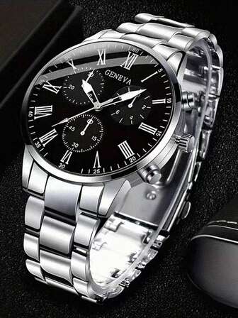 4 st herrarmband med silverfärgad rem, casual, affärsmässig, retro, treögd, romersk urtavla, kvartsklocka, armband, halsband, ring, smyckeset, lämplig för vardagsbruk, dekoration eller högtidsgåvor