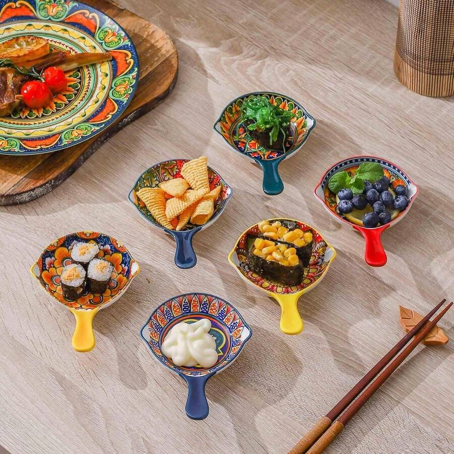 Home Porcelain Sauce Dishes With Handle, Ceramic Dipping Dish, Colorful Salsa Bowls For Sushi, Snack, Appetizer