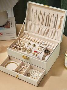 Caja de almacenamiento de joyas de 2 capas de gran capacidad, caja de almacenamiento de joyas portátil, tocador con cajón caja de almacenamiento de joyas, caja de joyas de cuero como regalo, contenedor de almacenamiento y exhibición exquisito, caja de almacenamiento y organización para el baño, cajón de almacenamiento de escritorio - Multicolor - Ver 2