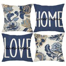 Capas de almofada decorativas florais azuis 2D, 4 peças - 45 x 45 cm, estampa de um lado, decoração de casa de fazenda, texto de amor impresso, fecho de zíper e capas de almofada decorativas laváveis para sala de estar, quarto, sofá, varanda, não incluso