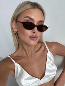 1pc Oval Shaped Small Frame Fashion Glasses, Retro, Personalized, Versatile, Casual And Elegant Women's Glasses Suitable For Daily Wear, Back To School Wear, Vacation Travel, College Style, Summer Beach Accessories, Women's Accessories - Brown - View 4