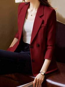 女式单排扣长袖西装外套，袖口带纽扣 - 紅色 - 查看 5