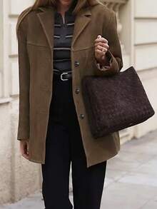 Damen elegante vintage Locker Jacke, einfarbiger Webstoff, Knopfverschluss mit Taschen, geeignet für Pendeln, Flughafen, Büroalltag, Schule, Herbst/Winter