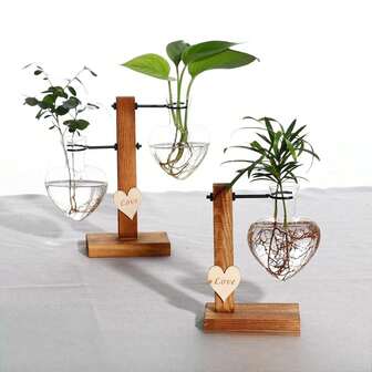 Hydroponisk transparent glasvas, kreativ hjärtformad behållare för torkade blomsterarrangemang, modern växtförädlingsstation för skrivbordsblommor, hjärtformad lökvas, bordsdekoration, dekorativ vas, sovrumsdekoration, höstdekoration för bondgårdsrum, fyra årstidsdekoration för hemmet, vårfestivaldekoration, vardagsrumsdekor, retro träblomstativ [exklusive växtbuketter]