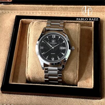 Pablo Raez 1 Đồng hồ nam SUS304 thép không gỉ thương hiệu nổi tiếng mới mạ bạc IPS sang trọng đồng hồ đeo tay màu đen cho nam chống nước 50M đồng hồ lịch thường ngày đồng hồ thạch anh thời trang nam số La Mã & thang đo thanh kim cương cao cấp màu đen cao cấp đồng hồ đeo tay nam doanh nhân để sử dụng hàng ngày quà tặng cho cha hoặc bạn nam phù hợp để sử dụng làm việc và học tập