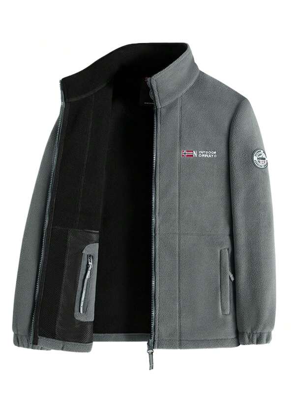 Ropa de doble cara con forro de felpa cálido para hombres, diseño de múltiples bolsillos, bordado exquisito en el pecho y logo en la manga, puños a prueba de viento, cómodo de usar.