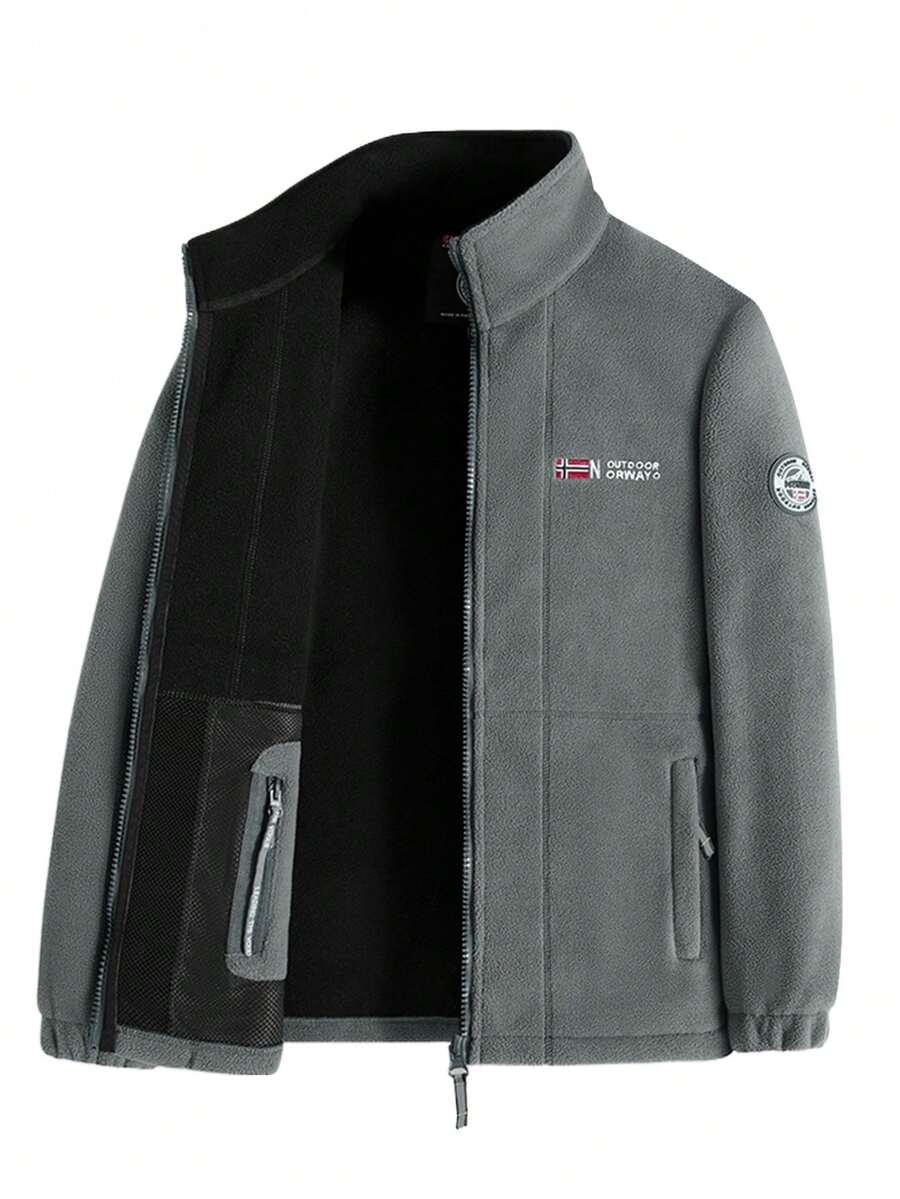 Men's Double-Sided Fleece Clothing With Warm And Fleece Lining, Multi Pocket Design, Exquisite Embroidery On The Chest And Armband Logo, Windproof Cuffs, Comfortable To Wear. - Xám - Xem 1