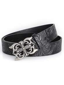 1条复古男士腰带，波西米亚风格，独特的黑色仿皮腰带，配镂空扣——时尚独特的男士腰带，朋克摇滚Y2K风格——适合秋冬休闲装扮，青少年，年轻男士，休闲，户外，运动，度假，毕业礼物，生日礼物，日常穿着 - 黑色 - 查看 3